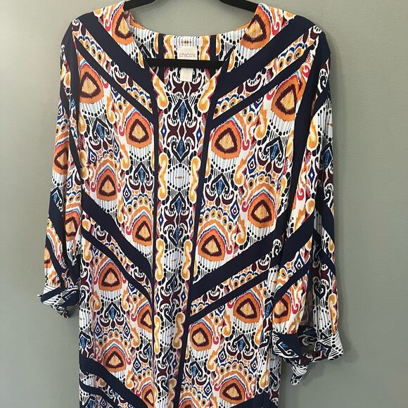 Chico’s Vibrant Fall Print Pullover Ikat Medallion Dress with Tie Sleeves Size 1 - Picture 4 of 12